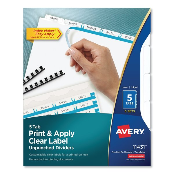 Avery Dennison Print-On Clear Label, 5 Tab, Pk5, Width: 11" 11431